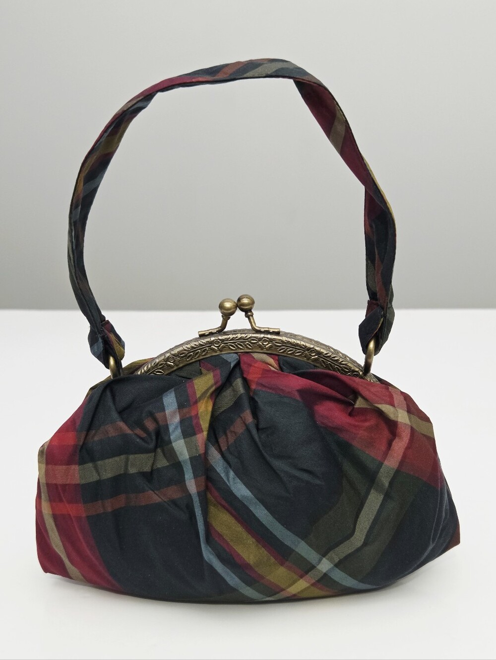 NEW RALPH LAUREN RUGBY TARTAN PLAID SILK DOUBLE FRAME KISSLOCK MINI BAG